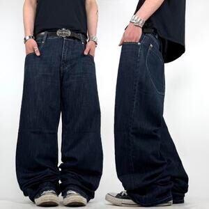 Vintage y2k rare dark wash embroidered baggy wide leg archive jeans